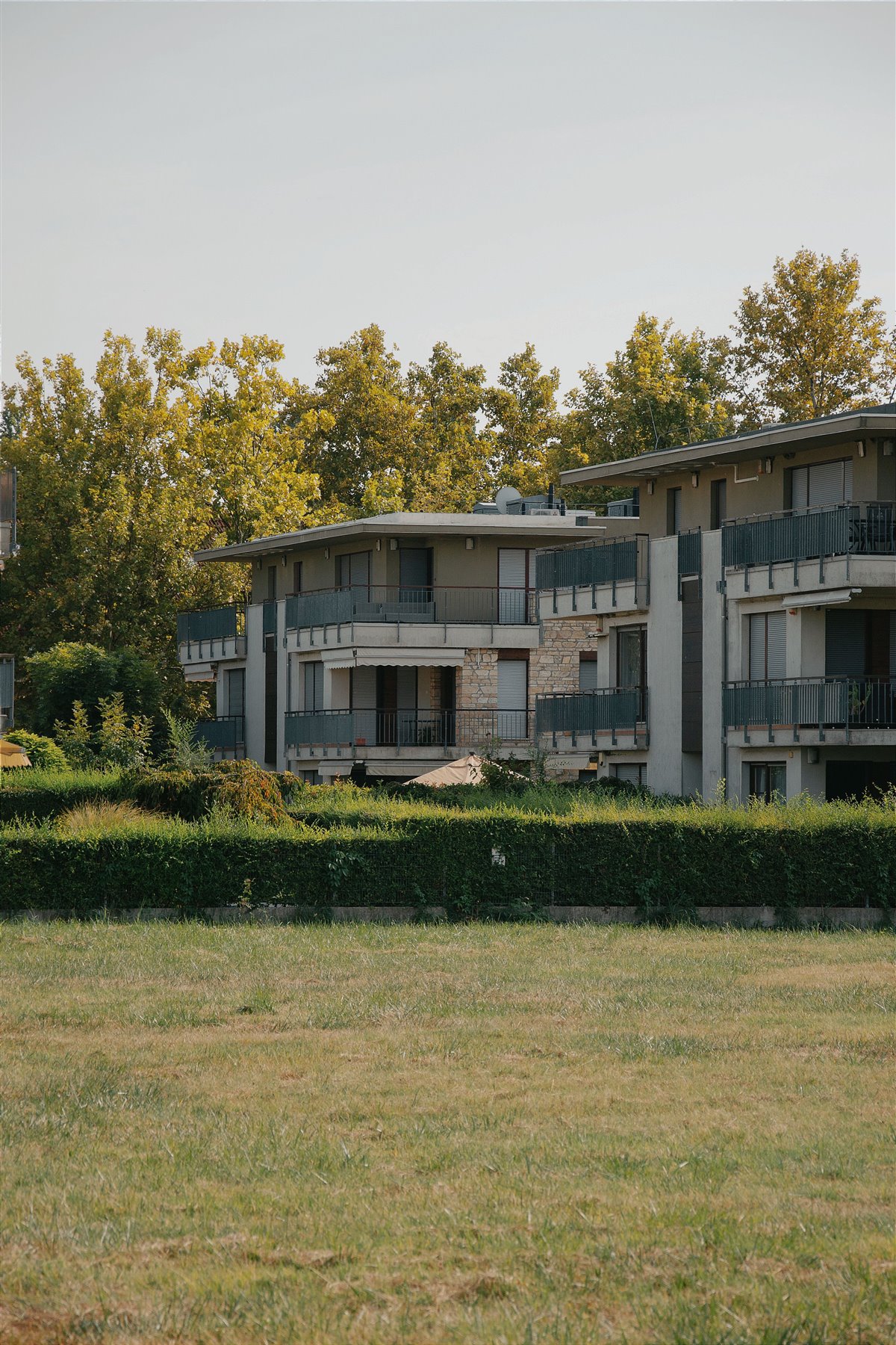 Hungarian apartment garden with lawn, hedges and trees